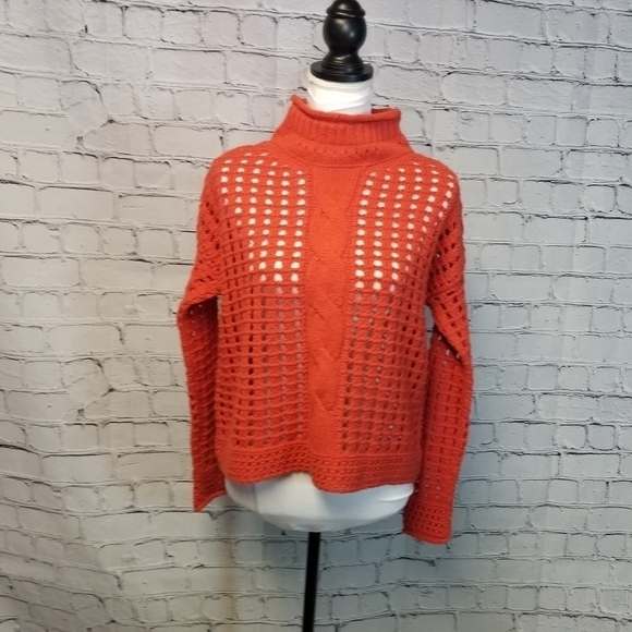 Free People open knit orange mock sweater - Picture 2 of 8